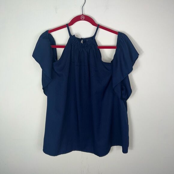 SHEIN Navy Cold Shoulder Button Neck Blouse - Picture 1 of 7